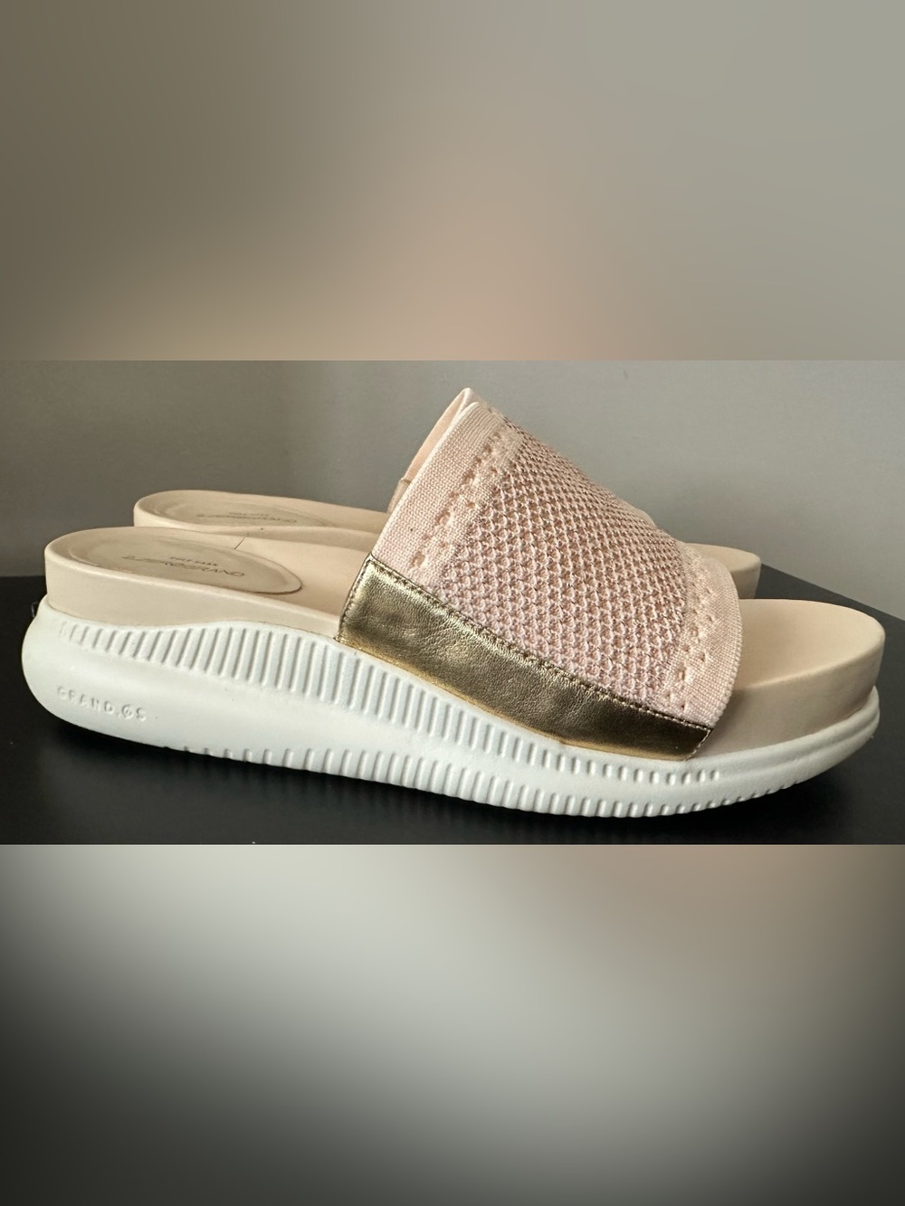 Cole Haan Zerogrand Slide Sandals 8.5 Pink Gold Knit Platform Comfort